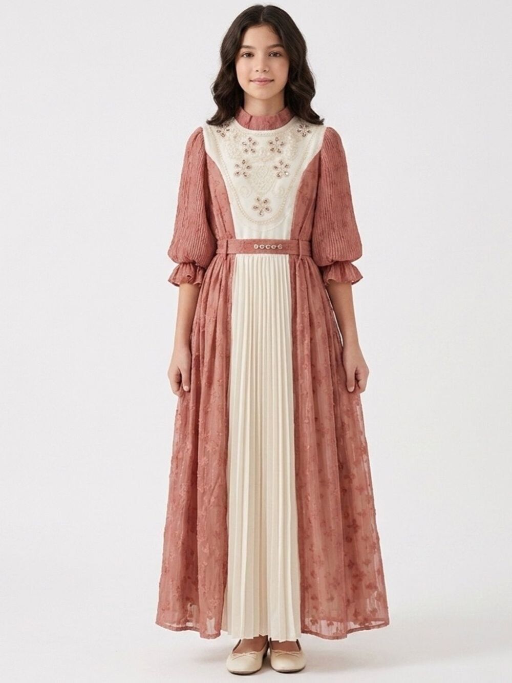 Almira Embroidered Rust & Cream Pleated Long-Sleeve Maxi Dress girls 14 NWT